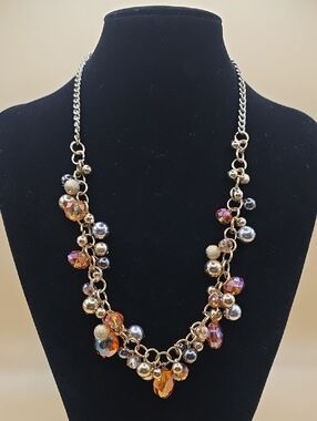 Gold-Tone Beaded Cluster Necklace with Amber & Iridescent Accents